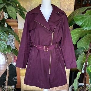 Michael Kors Women’s Belted Notch Lapel Removable Hooded Merlot Trench Coat, PL